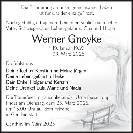 Traueranzeige von Werner Gnoyke von Volksstimme Burg/Genthin