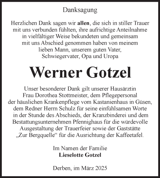 Traueranzeige von Werner Gotzel von Volksstimme Burg/Genthin