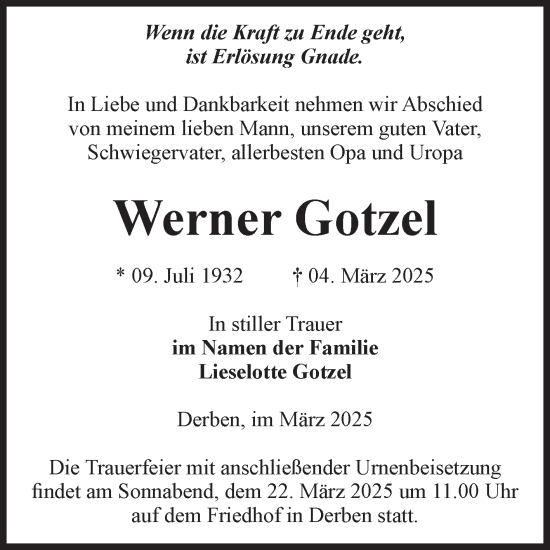 Traueranzeige von Werner Gotzel von Volksstimme Burg/Genthin