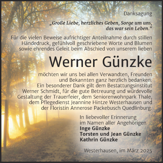 Traueranzeige von Werner Günzke von Trauerkombi Quedlinburg