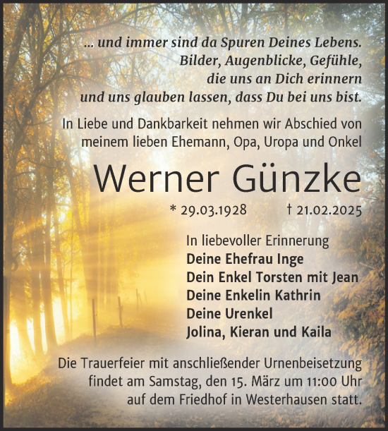 Traueranzeige von Werner Günzke von Trauerkombi Quedlinburg