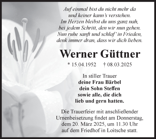 Traueranzeige von Werner Güttner von Volksstimme Haldensleben/Wolmirstedt