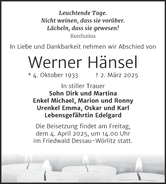 Traueranzeige von Werner Hänsel von Mitteldeutsche Zeitung Halle/Saalkreis