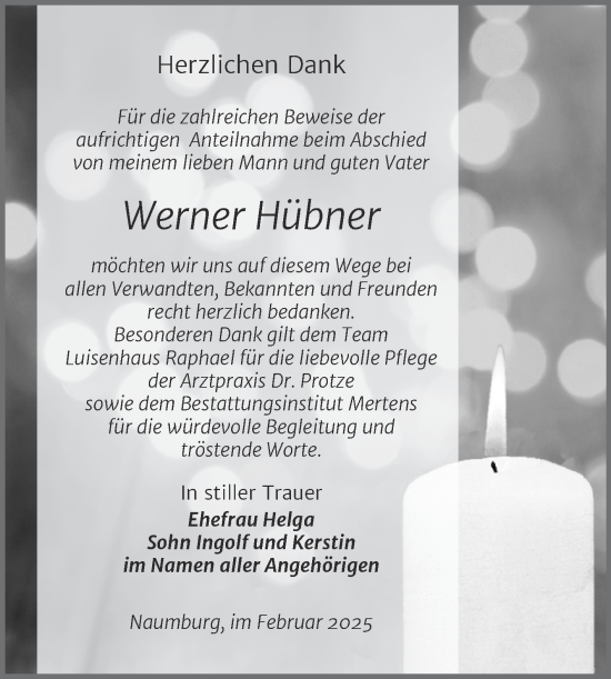 Traueranzeige von Werner Hübner von Super Sonntag Naumburg/Nebra
