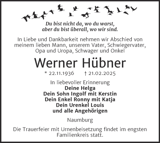 Traueranzeige von Werner Hübner von Naumburger Tageblatt