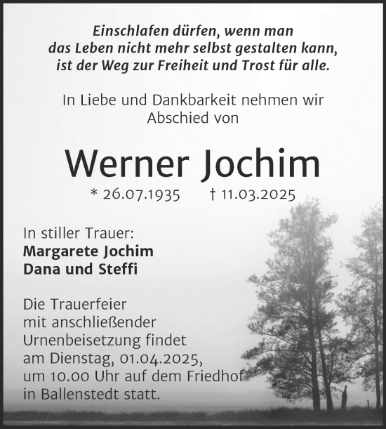 Traueranzeige von Werner Jochim von Trauerkombi Quedlinburg