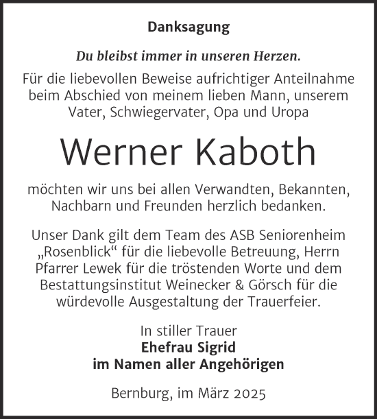 Traueranzeige von Werner Kaboth von Trauerkombi Bernburg