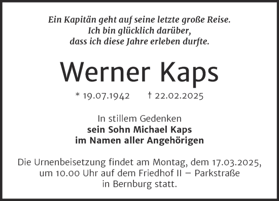 Traueranzeige von Werner Kaps von Trauerkombi Bernburg