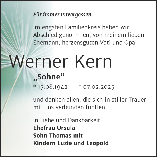Traueranzeige von Werner Kern von Trauerkombi Bernburg