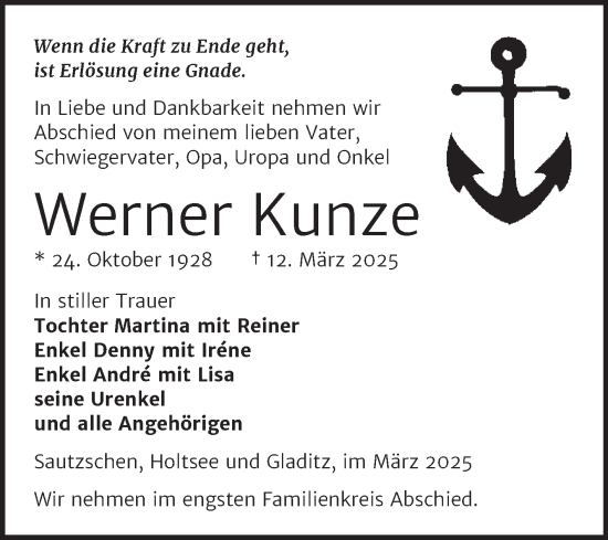 Traueranzeige von Werner Kunze von Trauerkombi Zeitz