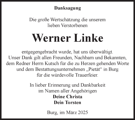 Traueranzeige von Werner Linke von Volksstimme Burg/Genthin