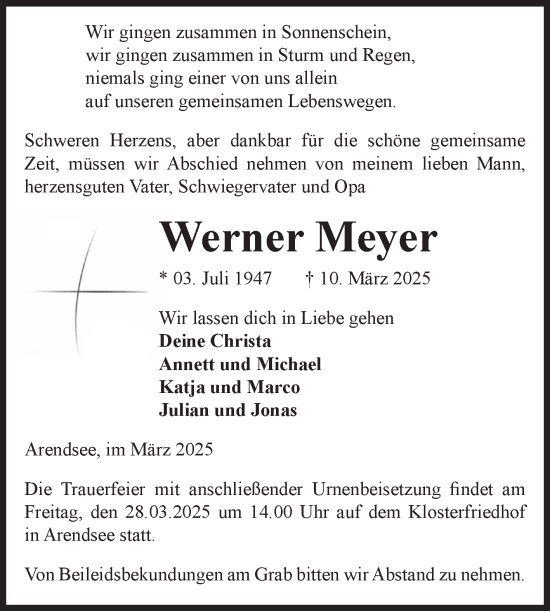 Traueranzeige von Werner Meyer von Volksstimme Altmark West