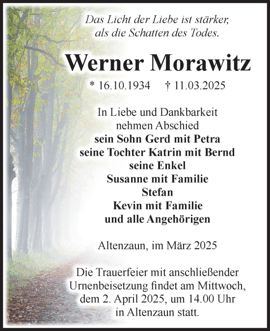Traueranzeige von Werner Morawitz von Volksstimme Altmark Ost