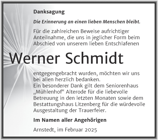 Traueranzeige von Werner Schmidt von Trauerkombi Mansfelder Land