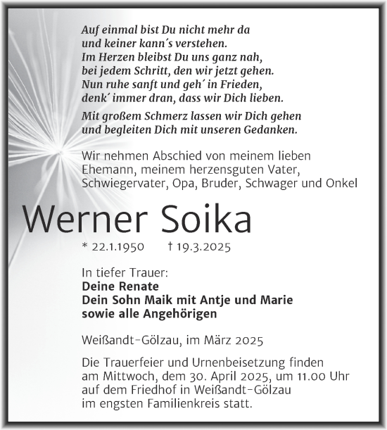 Traueranzeige von Werner Soika von Trauerkombi Köthen