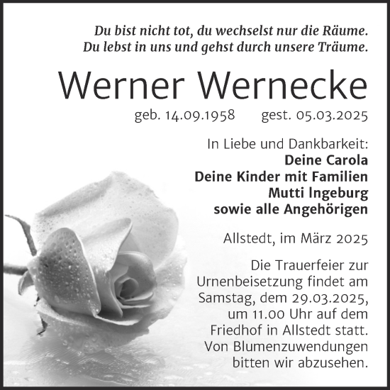 Traueranzeige von Werner Wernecke von Trauerkombi Sangerhausen