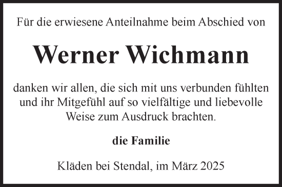 Traueranzeige von Werner Wichmann von Volksstimme Altmark Ost