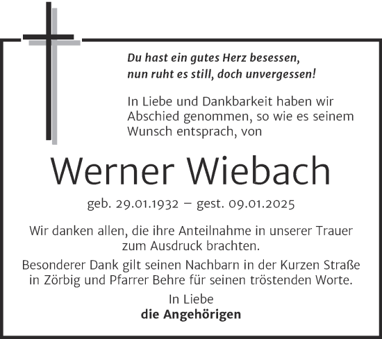 Traueranzeige von Werner Wiebach von Trauerkombi Bitterfeld