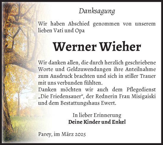 Traueranzeige von Werner Wieher von Volksstimme Burg/Genthin