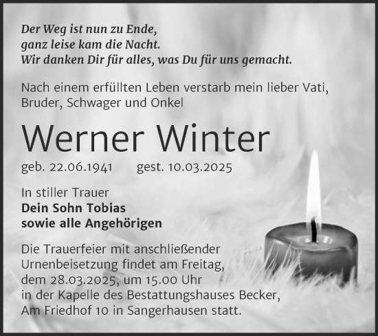 Traueranzeige von Werner Winter von Mitteldeutsche Zeitung Sangerhausen