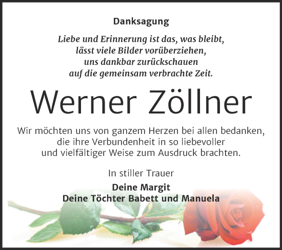 Traueranzeige von Werner Zöllner von Trauerkombi Sangerhausen