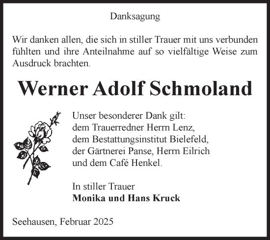 Traueranzeige von Werner Adolf Schmoland von Volksstimme Altmark Ost