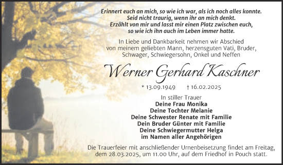 Traueranzeige von Werner Gerhard Kaschner von Trauerkombi Bitterfeld