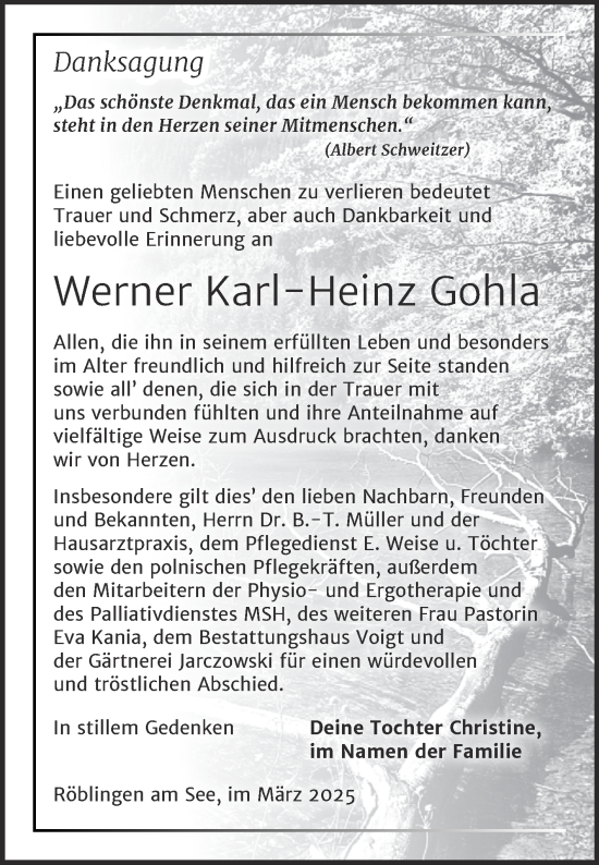 Traueranzeige von Werner Karl-Heinz Gohla von Trauerkombi Mansfelder Land