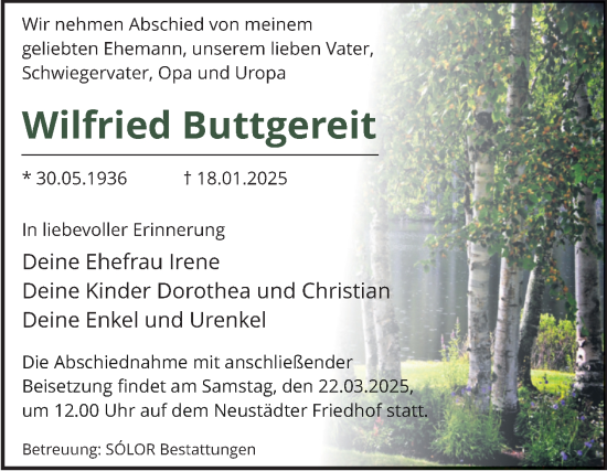 Traueranzeige von Wilfried Buttgereit von Volksstimme Magdeburg