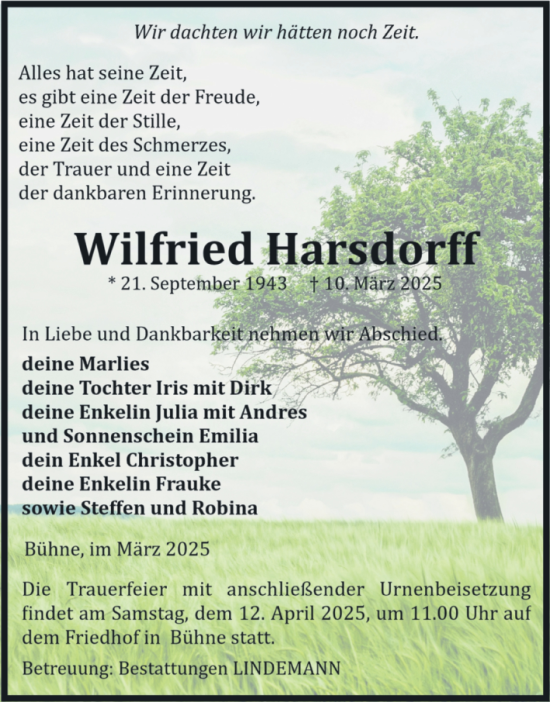 Traueranzeige von Wilfried Harsdorff von Volksstimme Halberstadt