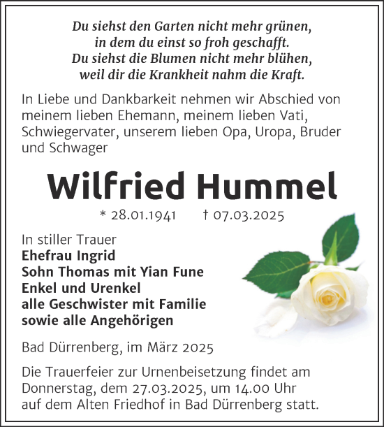 Traueranzeige von Wilfried Hummel von Trauerkombi Merseburg