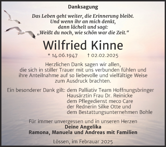 Traueranzeige von Wilfried Kinne von Trauerkombi Merseburg