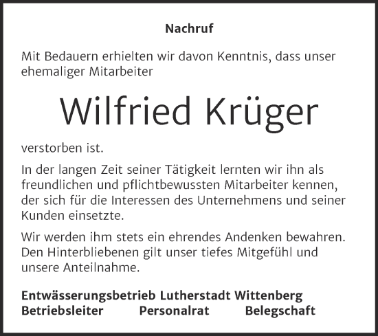 Traueranzeige von Wilfried Krüger von Super Sonntag Wittenberg