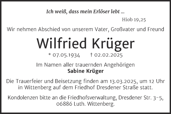 Traueranzeige von Wilfried Krüger von Trauerkombi Wittenberg