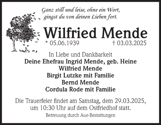 Traueranzeige von Wilfried Mende von Volksstimme Magdeburg