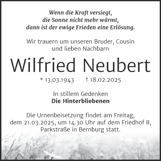 Traueranzeige von Wilfried Neubert von Trauerkombi Bernburg