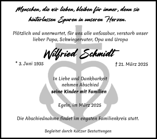 Traueranzeige von Wilfried Schmidt von Volksstimme Staßfurt