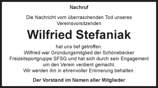 Traueranzeige von Wilfried Stefaniak von Volksstimme Schönebeck