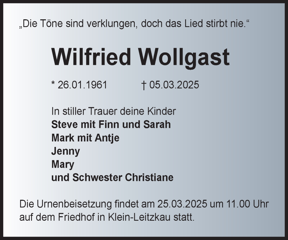  Traueranzeige für Wilfried Wollgast vom 12.03.2025 aus Volksstimme Zerbst