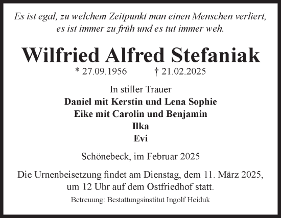 Traueranzeige von Wilfried Alfred Stefaniak von Volksstimme Schönebeck