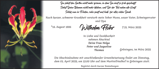 Traueranzeige von Wilhelm Flohr von Volksstimme Oschersleben/Wanzleben