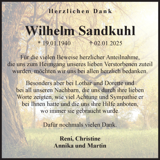 Traueranzeige von Wilhelm Sandkuhl von Volksstimme Haldensleben/Wolmirstedt