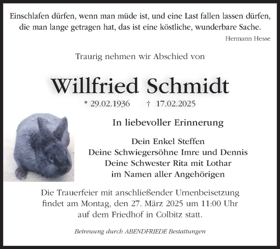 Traueranzeige von Willfried Schmidt von Volksstimme Haldensleben/Wolmirstedt