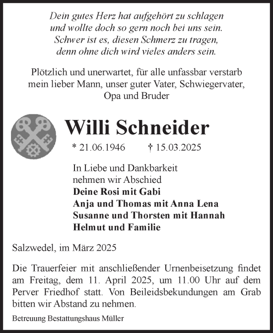 Traueranzeige von Willi Schneider von Volksstimme Altmark West