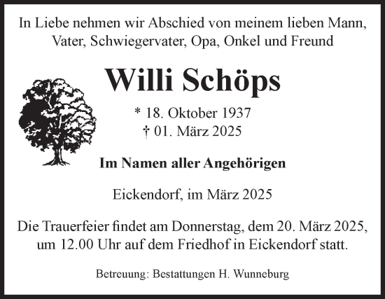 Traueranzeige von Willi Schöps von Volksstimme Schönebeck