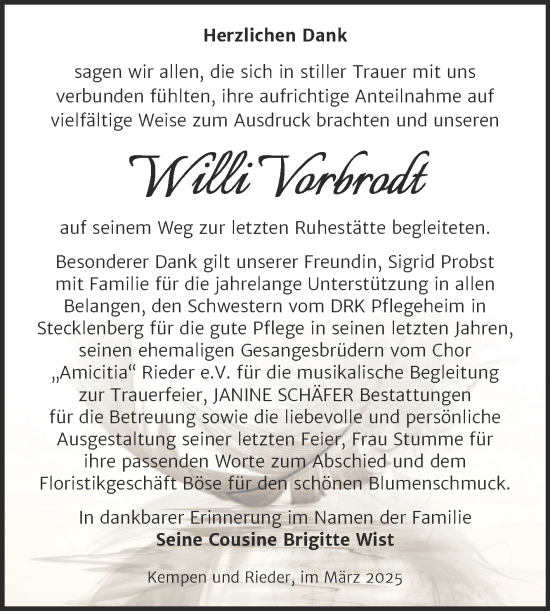 Traueranzeige von Willi Vorbrodt von Trauerkombi Quedlinburg
