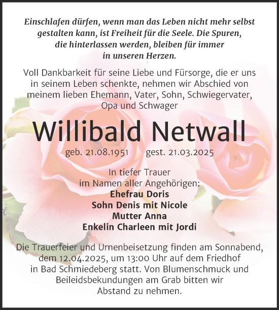 Traueranzeige von Willibald Netwall von Trauerkombi Wittenberg