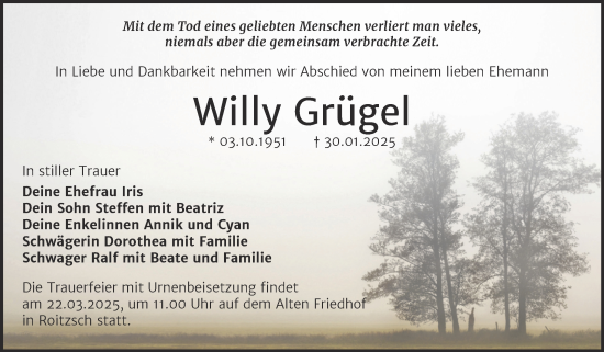 Traueranzeige von Willy Grügel von Trauerkombi Bitterfeld
