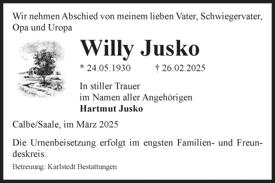 Traueranzeige von Willy Jusko von Volksstimme Schönebeck