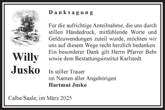 Traueranzeige von Willy Jusko von Volksstimme Schönebeck